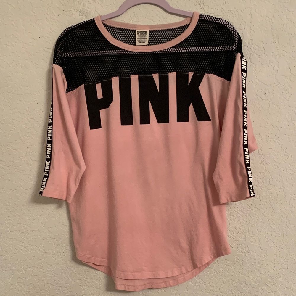 PINK Victoria's Secret Pink and Black 3/4 Sleeve Mesh Top Size S